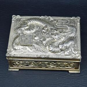 Vtg MCM Japanese Cigarette Trinket Box Dragon Metal Repousse Wood Liner 5" AS IS